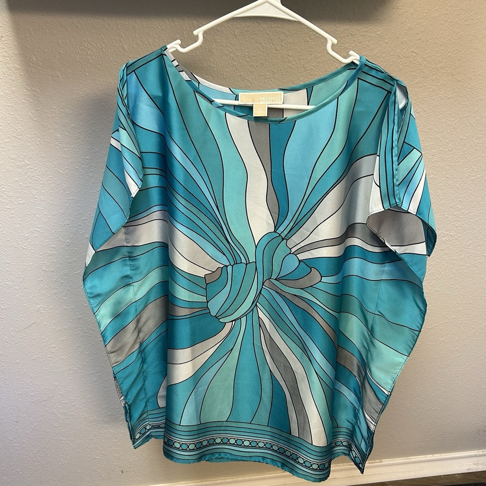 Michael Kors Women's Blue/White Gray Poncho Tunic Blouse Shirt Sz M